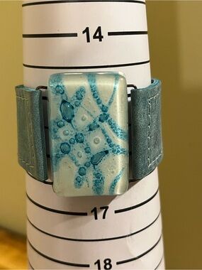 Upcycled blue white glass rectangle blue faux leather strap adjust 5 1/2 &6 1/4”
